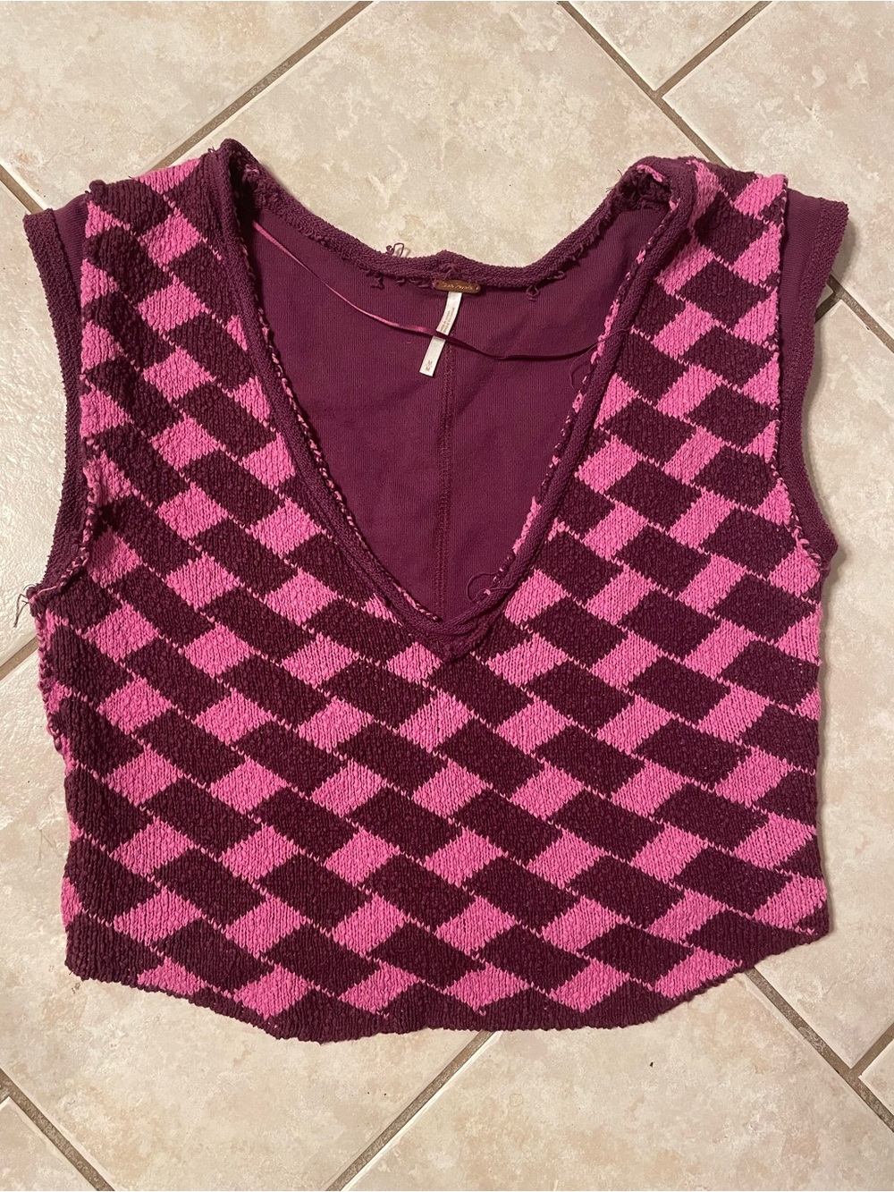 Free People Pink & Burgundy Diamond Knit V-Neck Tank